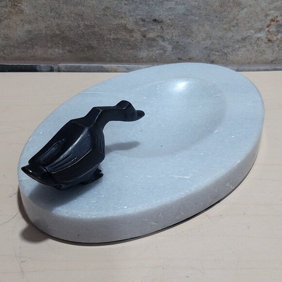 Decorative Marble Soap Dish Jewelry Holder Black Metal Bird Figure - Picture 9 of 11